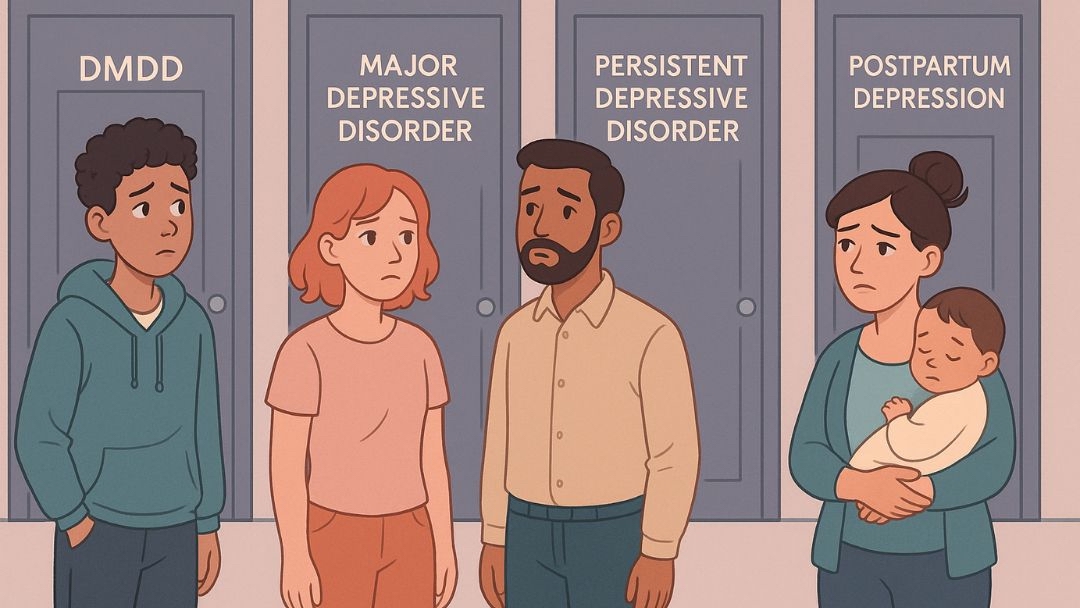 Four individuals showing different types of depression including major depressive disorder and postpartum depression.