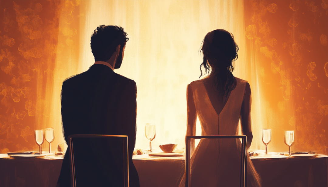 Couple with dismissive avoidant partner showing emotional distance during dinner.