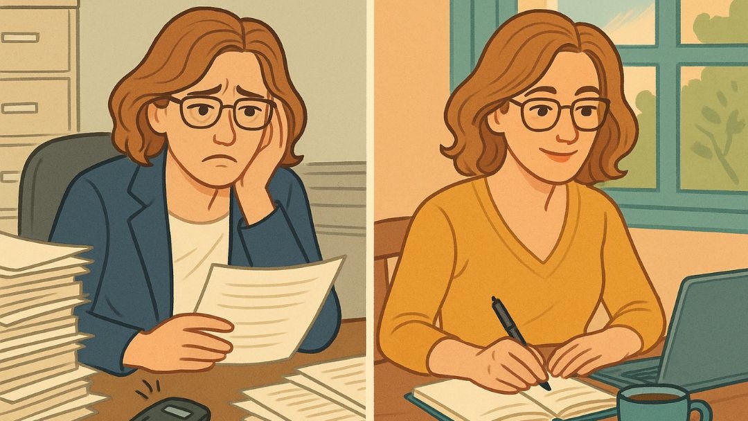 Split image showing woman dreading work on Monday versus enjoying fulfilling job.