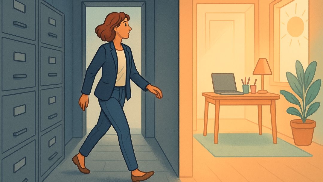 Woman walking from dreary office to bright workspace without dreading work on Monday.