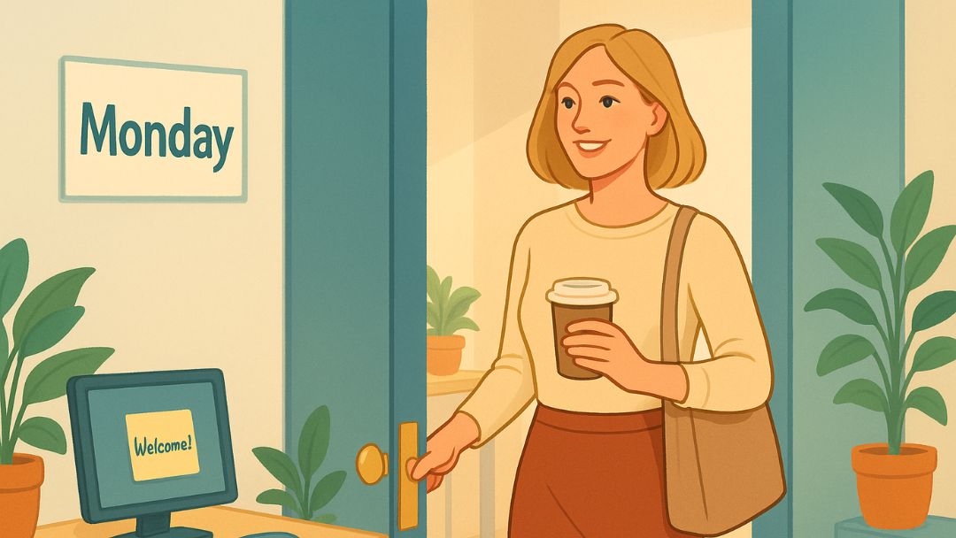 Happy woman arriving at work on Monday without dreading the day ahead.