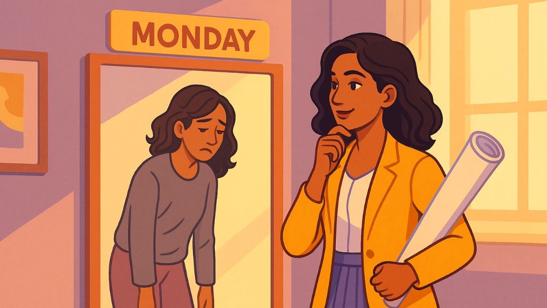 Woman comparing dreading work on Monday versus feeling excited about job opportunities.
