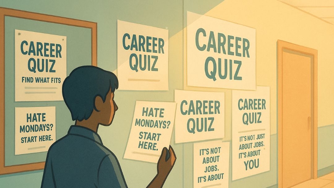 Person viewing career quiz posters to find job they won't dread on Monday.