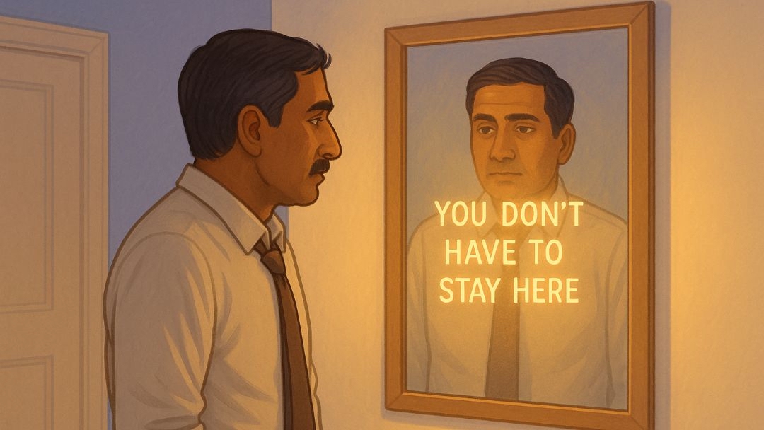 Man reflecting in mirror realizing he doesn't have to stay in job that makes him dread going to work on Mondays..