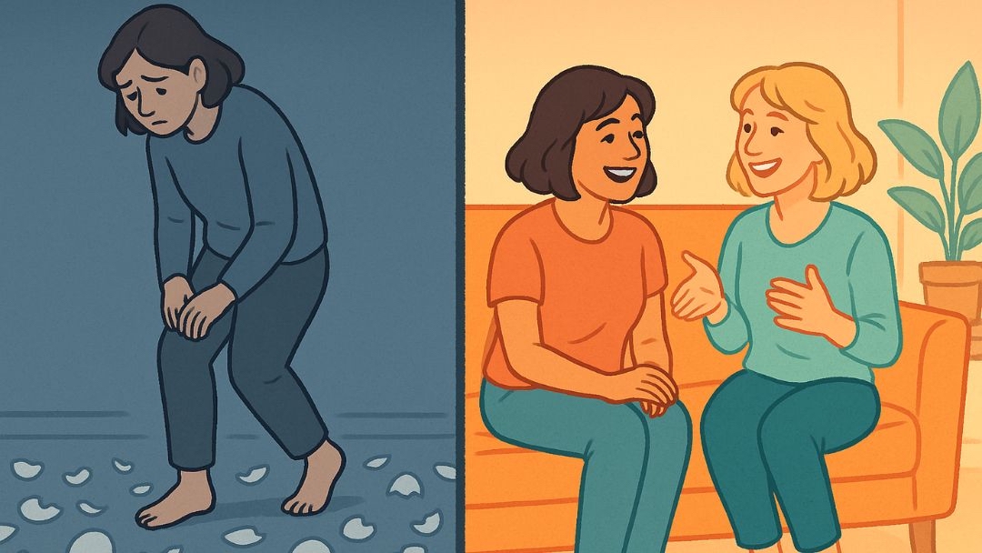 Woman walking on eggshells alone versus friends in a healthy supportive relationship.