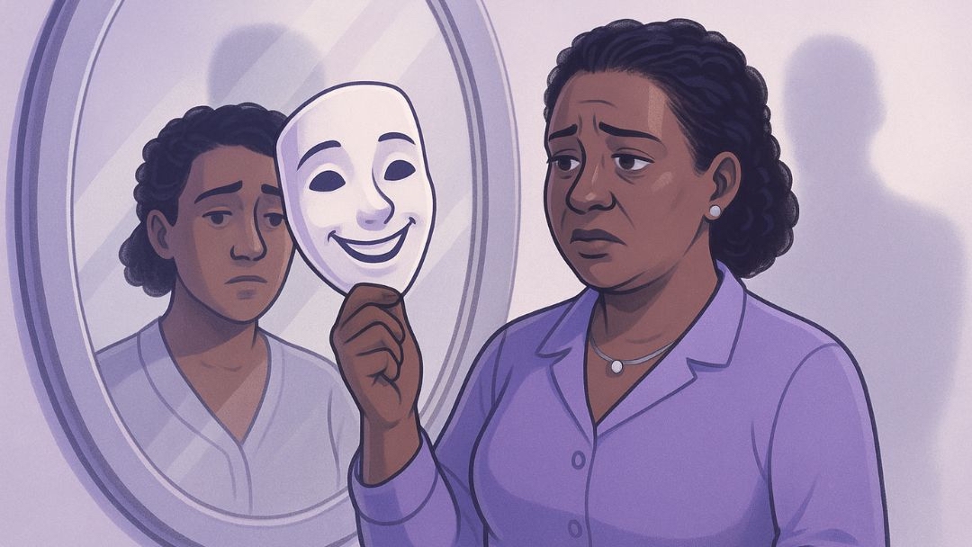 Woman hiding true feelings behind mask, showing signs of walking on eggshells in a relationship.