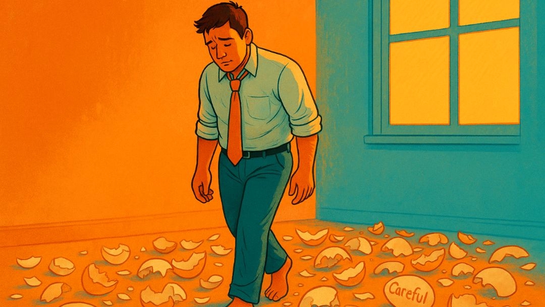 Man carefully walking on eggshells in relationship showing anxiety and caution.