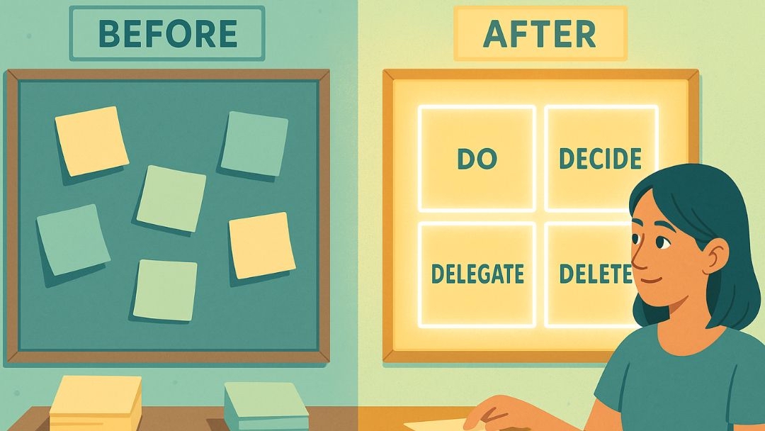 Before and after comparison showing organized tasks using Eisenhower Matrix prioritization system.
