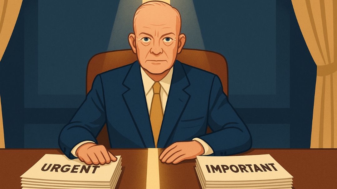 President Eisenhower at desk with urgent and important task piles representing the Eisenhower Matrix concept.