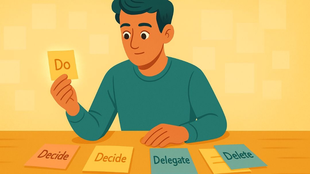 Person using Eisenhower Matrix method organizing tasks into do, decide, delegate, and delete categories.