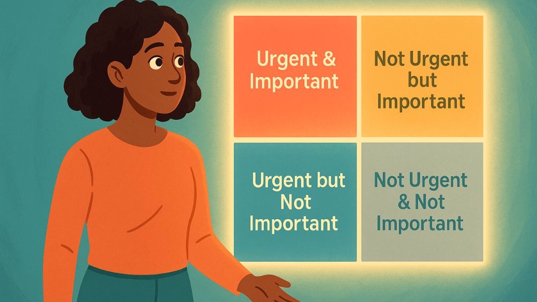 Eisenhower Matrix four-quadrant diagram showing urgent important task prioritization framework.