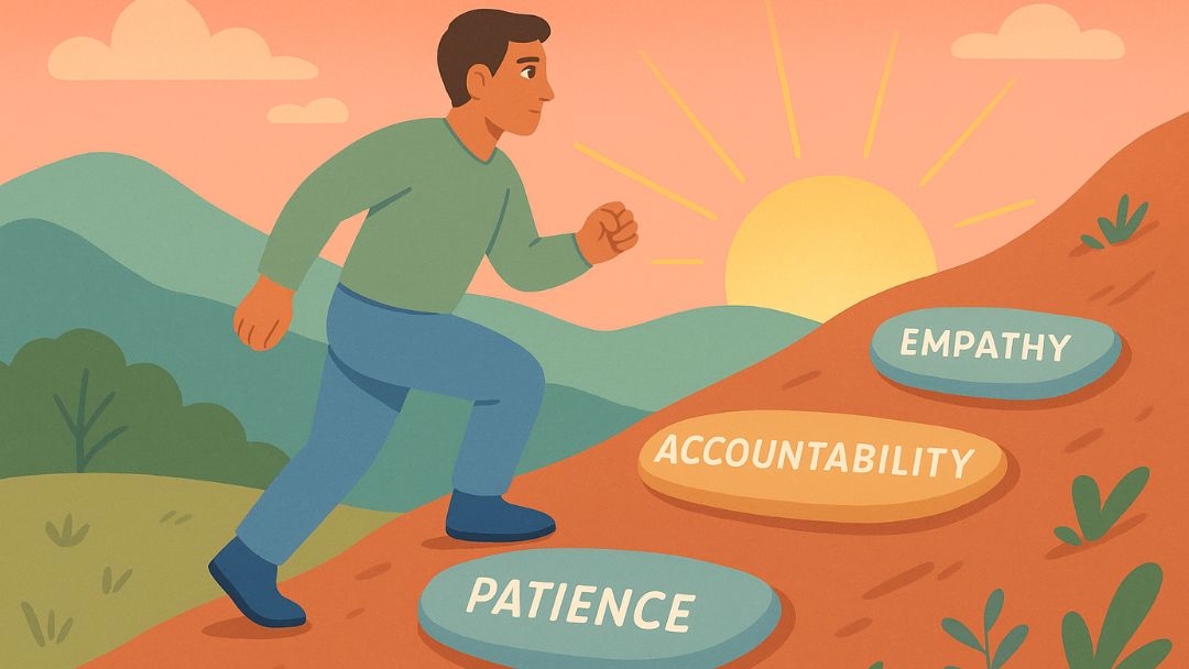 Individual climbing steps of patience, accountability, and empathy toward emotional maturity growth.