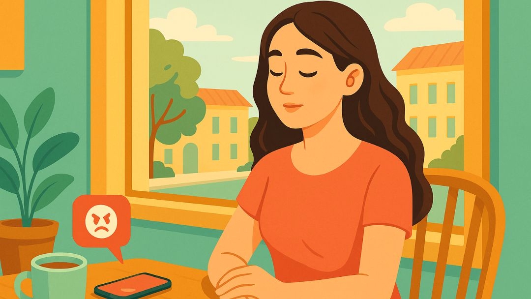 Woman demonstrating emotional maturity by staying calm and composed during frustrating situation.