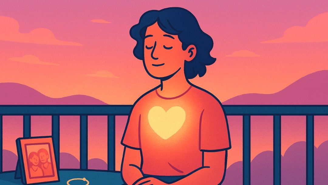 Person reflecting on emotional permanence while looking at photo of loved ones at sunset.