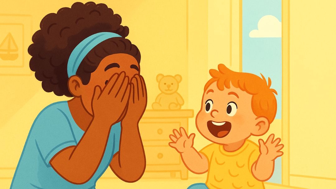 Parent and child playing peekaboo illustrating early emotional permanence development.