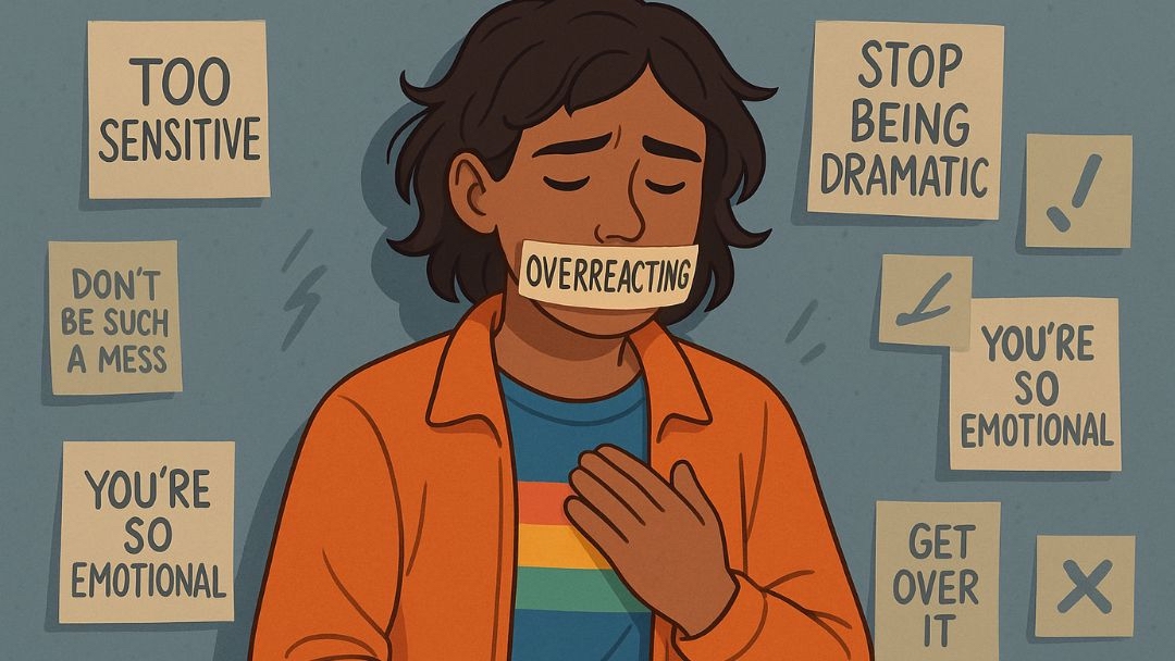 Person struggling with emotional permanence surrounded by dismissive labels and criticism.