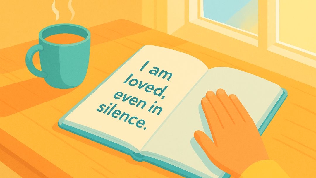 Affirmation journal promoting emotional permanence with message about feeling loved in silence.
