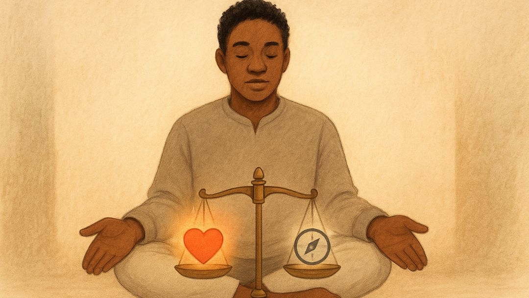 Person meditating with balanced scales of heart and compass overcoming emotional reasoning.