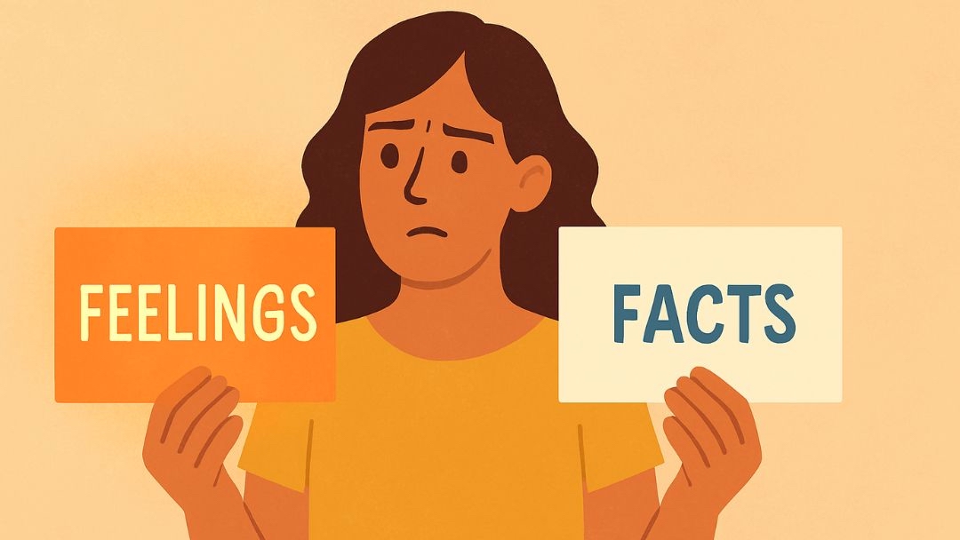 Woman weighing feelings versus facts illustrating emotional reasoning cognitive distortion.