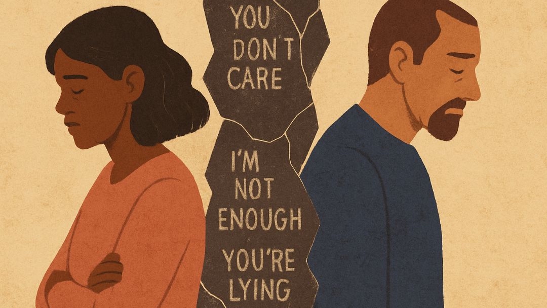 Couple separated by negative thoughts demonstrating unchecked emotional reasoning damage to relationships.