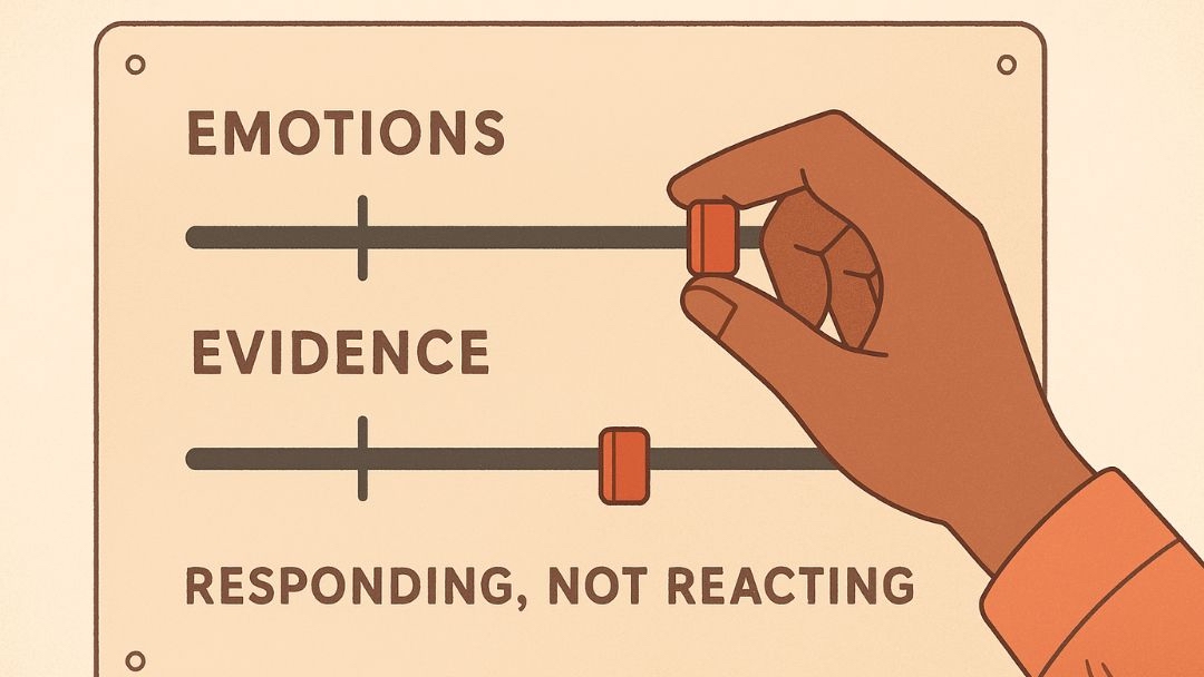 Hand adjusting sliders balancing emotions and evidence to overcome emotional reasoning.