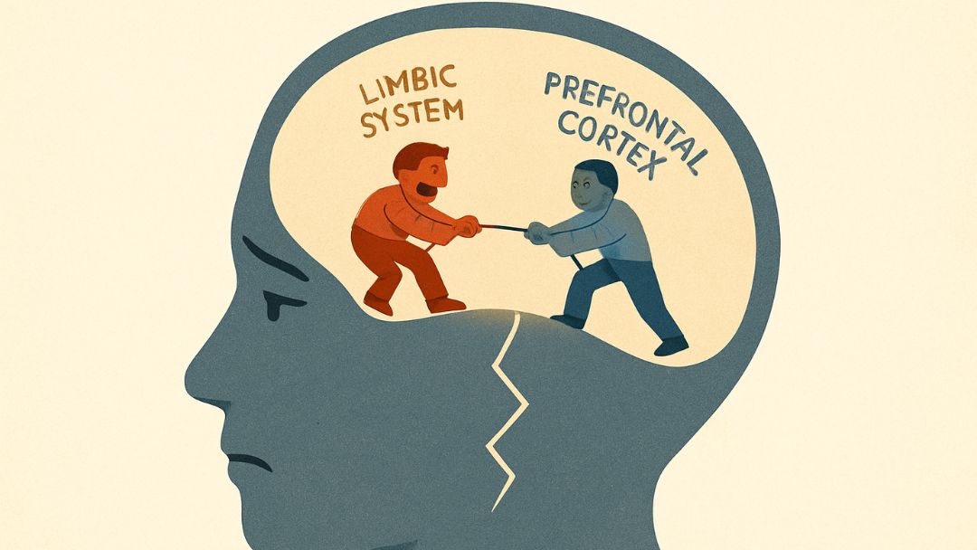 Brain diagram showing limbic system and prefrontal cortex conflict in emotional reasoning.