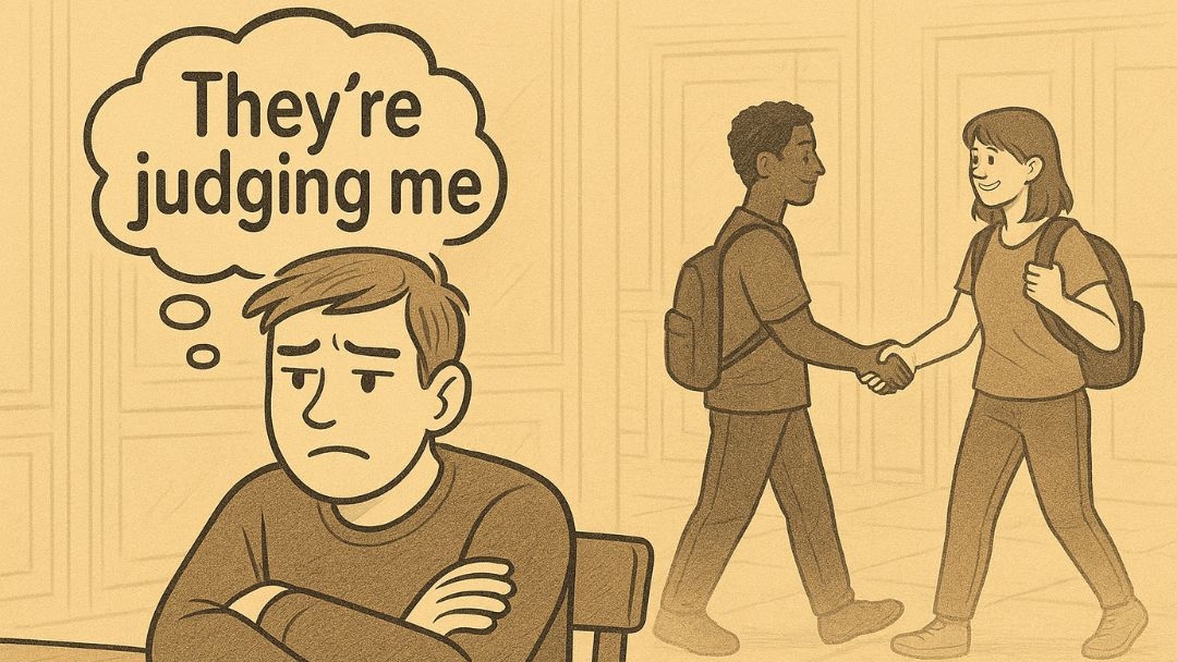 Person assuming others are judging them showing emotional reasoning in social situations.