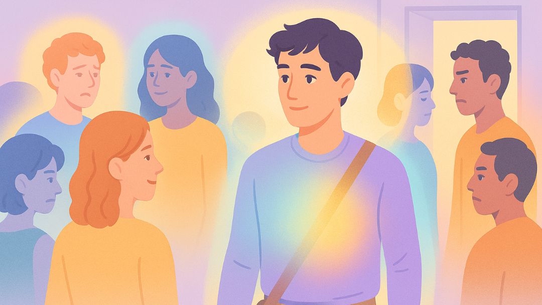 Person surrounded by glowing auras of others showing empath signs of feeling emotions deeply.