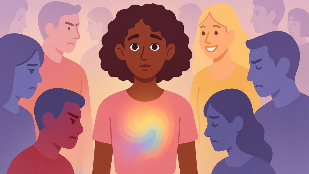 Woman with glowing heart in crowd showing empath signs of emotional absorption and overwhelm.