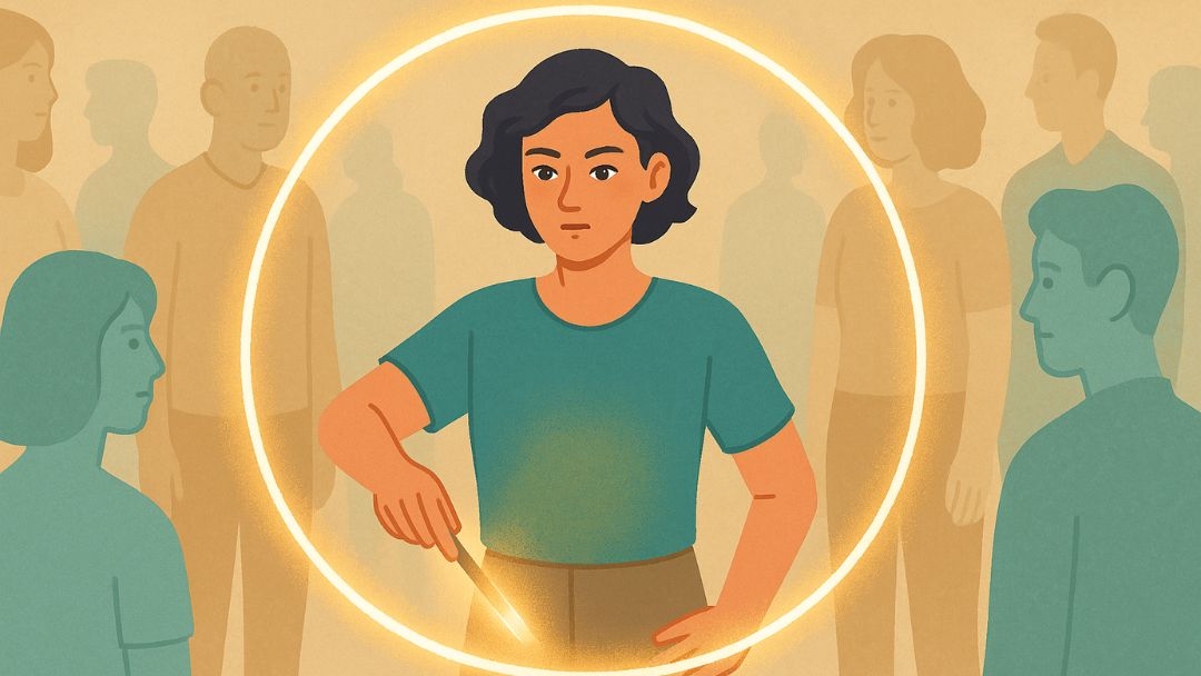 Woman in protective boundary circle demonstrating empath signs of setting healthy limits.