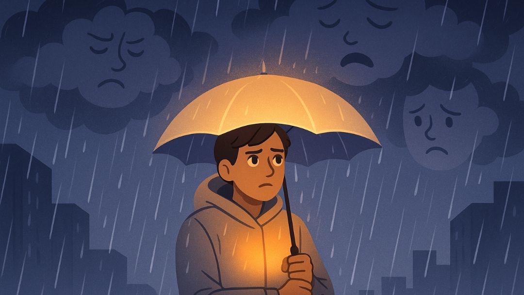 Person under umbrella shielding from sad emotions showing empath energy protection needs.