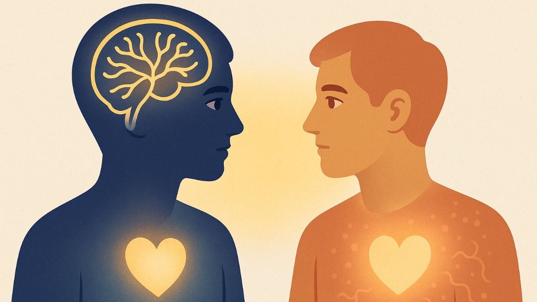 Two people with glowing hearts and brain illustrating the neurological basis of empath traits.