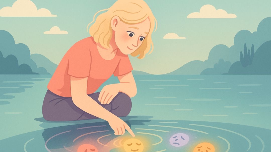 Person touching water with emotion faces showing empath signs of sensitivity to feelings.