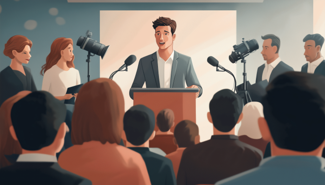 Public speaker at press conference showcasing confident ENFJ A careers in communications.