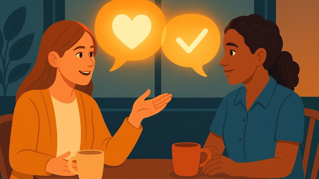 Two women engaged in warm empathetic conversation demonstrating effective communication with ENFJ personalities.