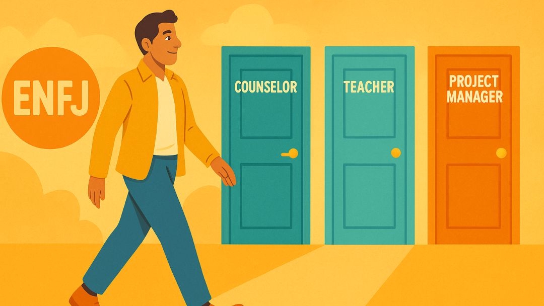 ENFJ individual choosing between people-focused career paths like counselor, teacher, and project manager.