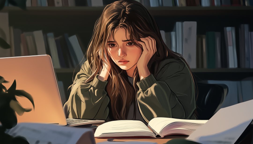 ENFP personality type student studying thoughtfully with laptop and books in library.