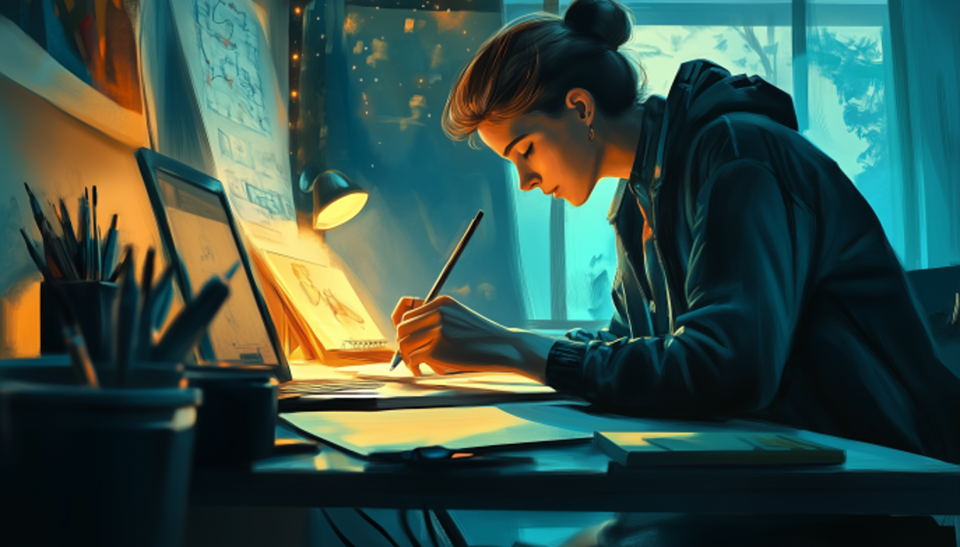 ENFP personality type working creatively at desk with artistic projects and warm lighting.