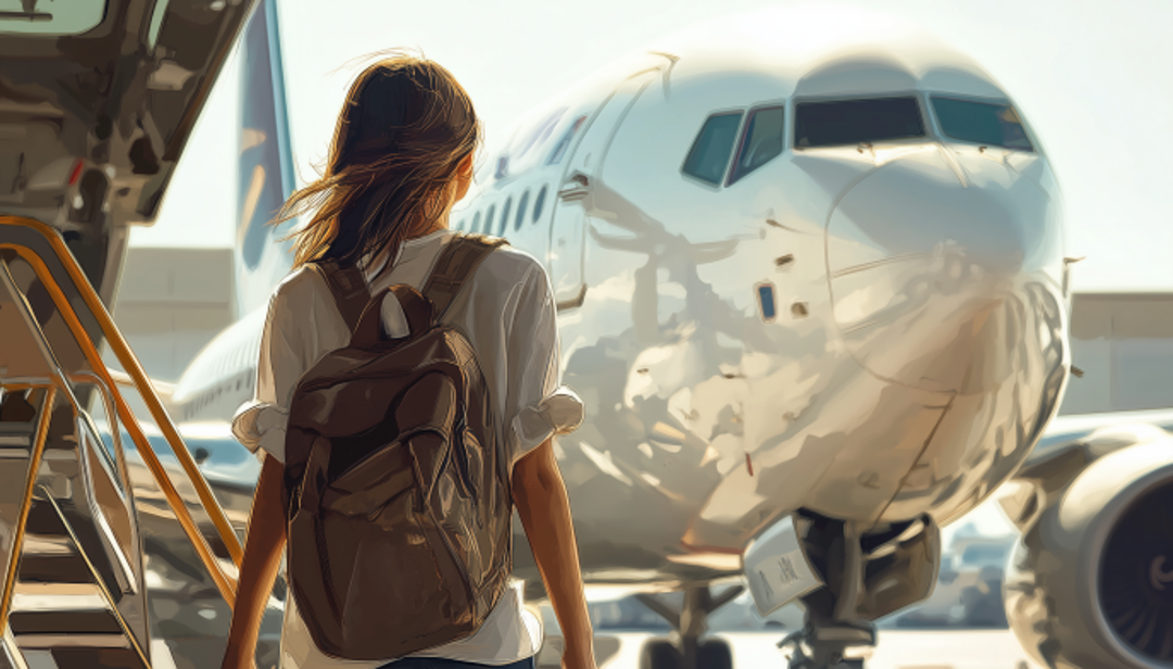 ENFP personality type adventurous traveler boarding private jet with backpack.