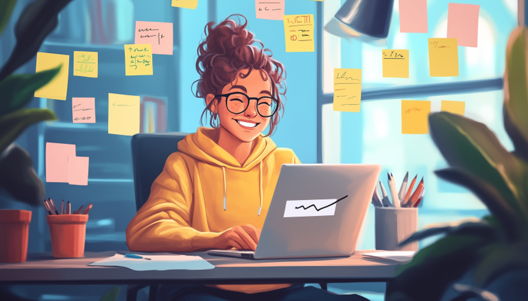 A professional in a creative workspace with sticky notes showing careers for ENFP-T personality.