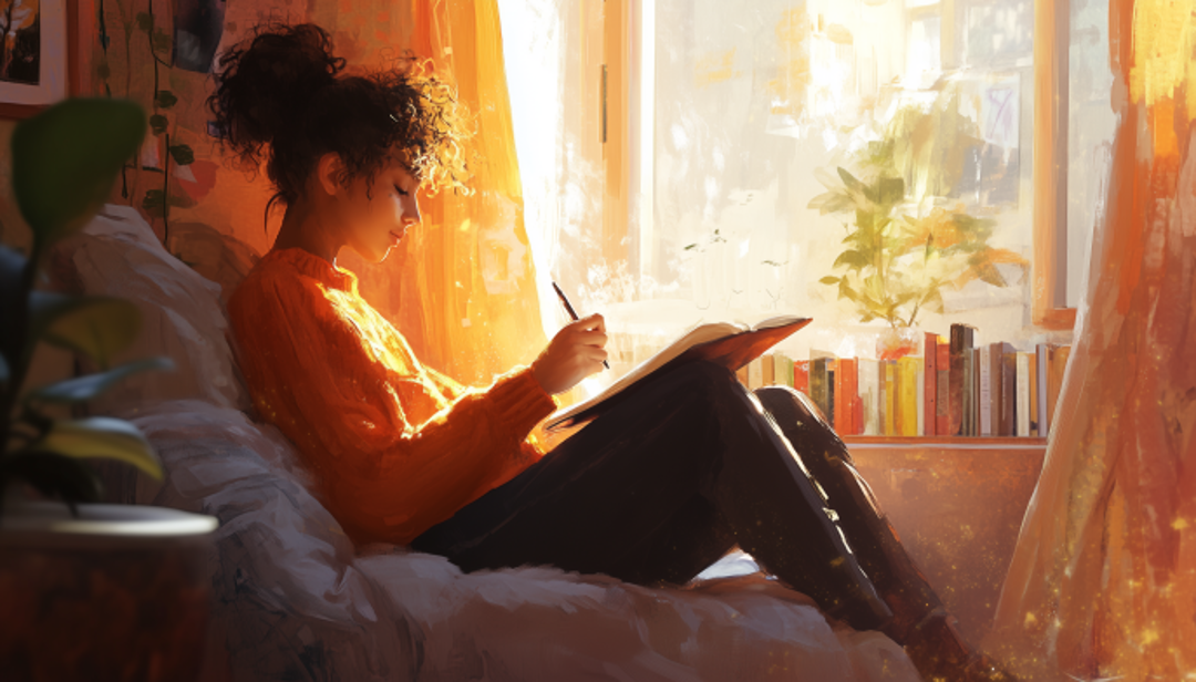 ENFP-T personality journaling and reflecting on relationships in cozy sunlit room.