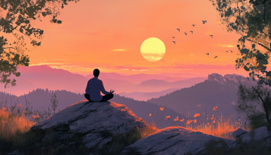 ENFP-T growth and self-reflection through meditation in peaceful mountain sunset setting.