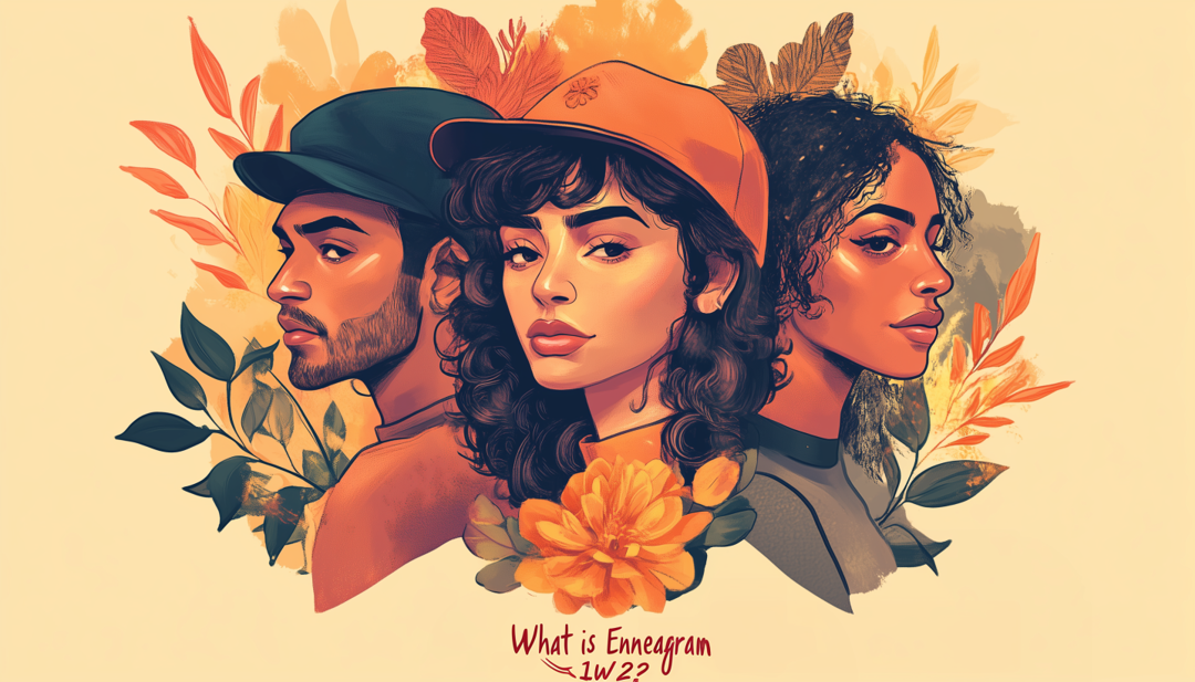Three diverse individuals with autumn florals asking what is Enneagram 1w2 personality type.