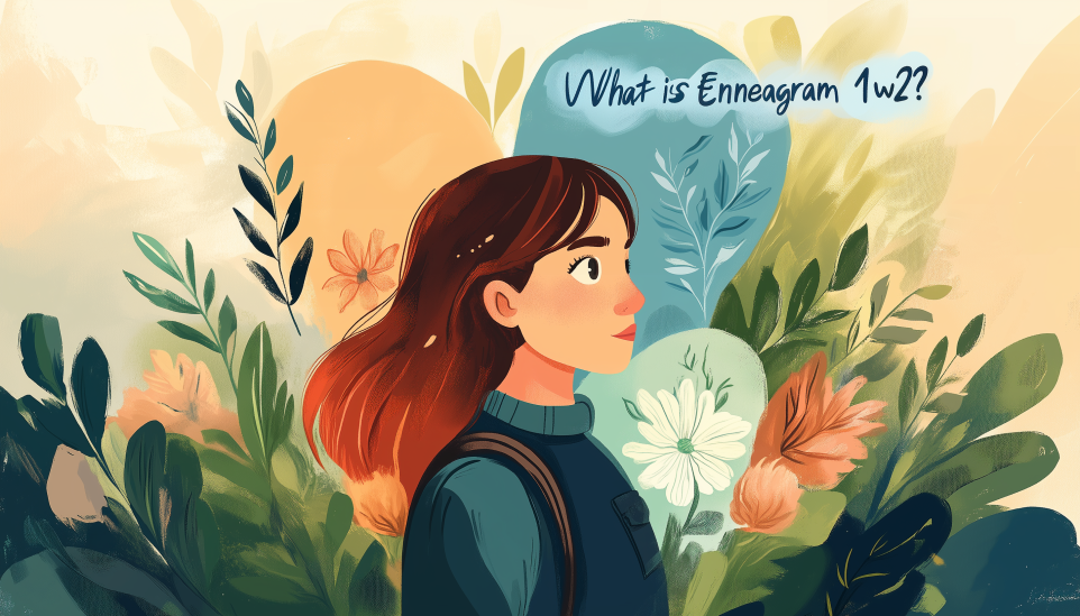 Thoughtful woman with flowers asking what is Enneagram 1w2 in soft watercolor illustration.