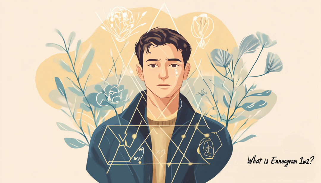 Thoughtful individual with geometric overlay and botanical elements representing Enneagram 1w2 core motivations.