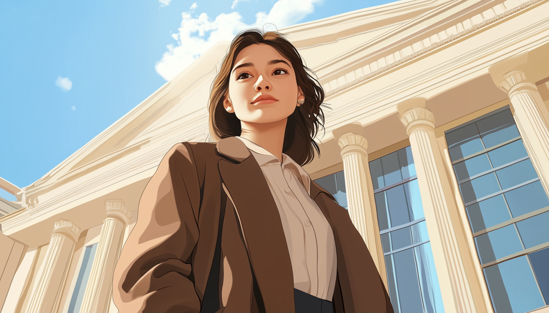 Professional woman outside courthouse representing ideal Enneagram 1w2 careers in law and advocacy.