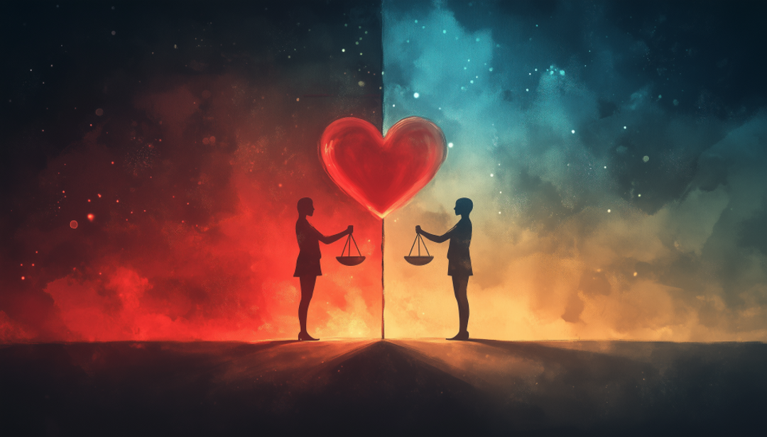 Two silhouettes holding scales beneath glowing heart representing Enneagram 1w2 balance between perfectionism and compassion.