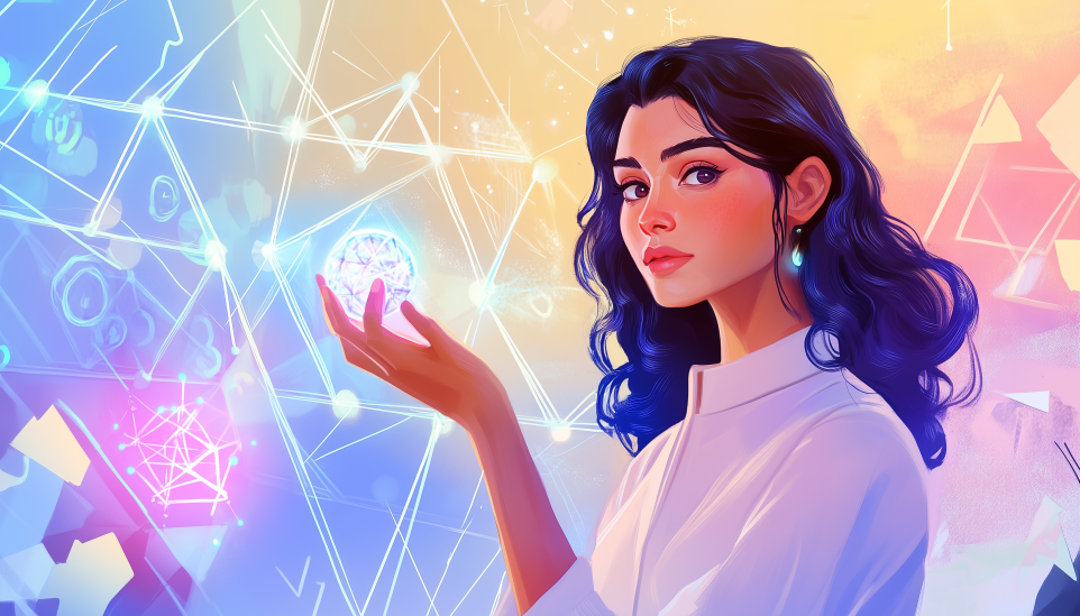 Woman with geometric patterns and enneagram symbols representing Enneagram 1w9 idealistic vision and inner wisdom.