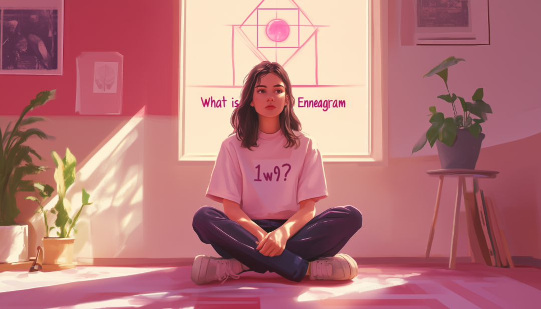 Person sitting peacefully in calm pink room asking what is Enneagram 1w9 personality type.