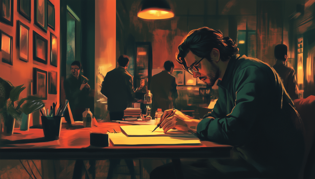 Concentrated worker at peaceful desk environment showing Enneagram 1w9 balance between perfectionism and calm composure.